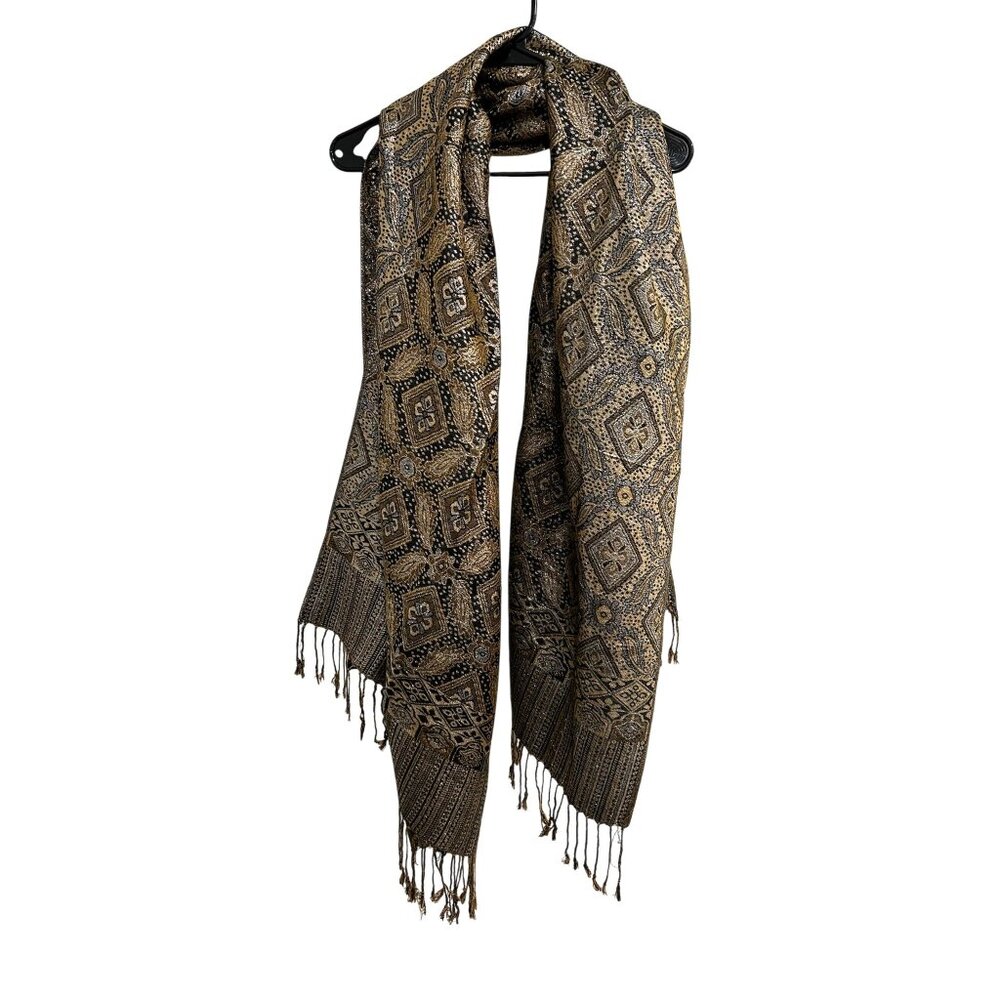 Pashmina Shawl Intricate Gold Black Geometric Patterns Fringe